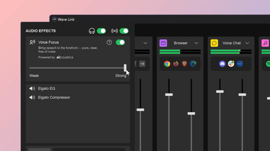 Screenshot of Elgato's Wave Link software with Voice Focus feature (Powered by ai|coustics) enabled
