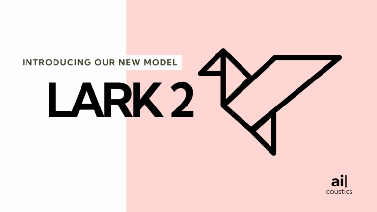 "Introducing our new model: Lark 2", a graphic of an origami bird and ai-coustics logo